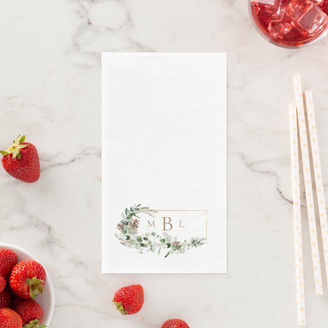 Foliage  & Gold Monogram White Winter Elegant Paper Guest Towels (Insitu)
