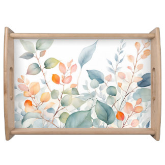 Foliage Green Blue Orange Leaves Serving Tray