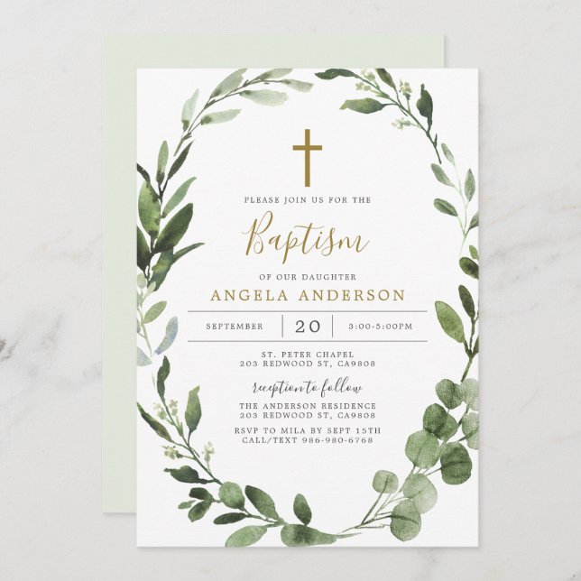 Foliage Greenery Baptism/Christening Invitation (Front/Back)
