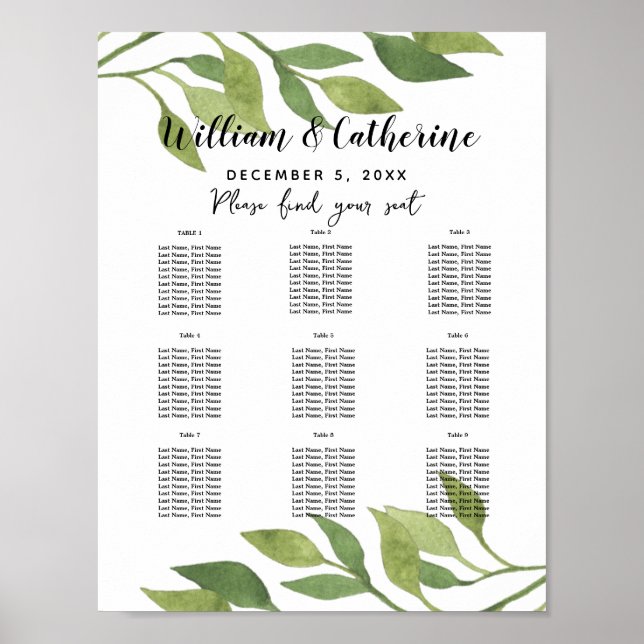 Foliage greenery leaf Table plan party/wedding Poster (Front)