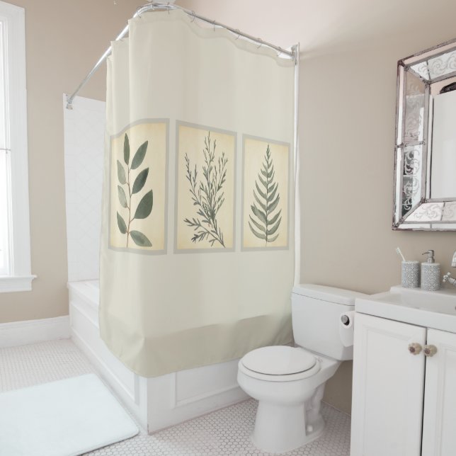 Foliage Greenery Neutral Beige Shower Curtain (In Situ)