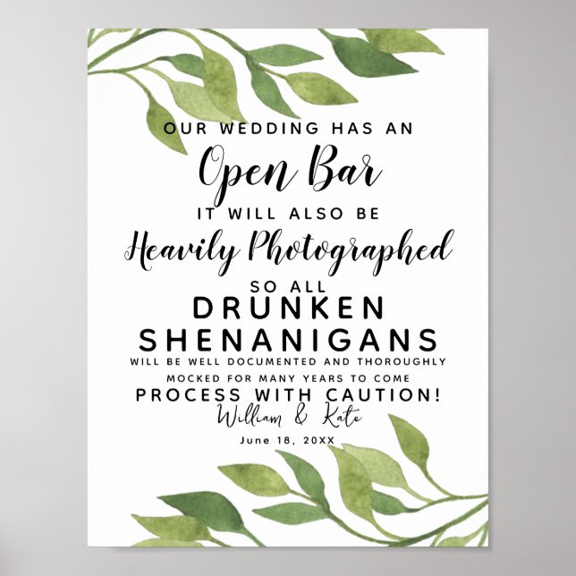 foliage greenery Open Bar wedding sign (Front)