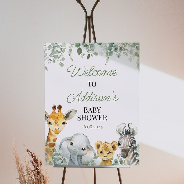 Foliage Greenery Safari Baby Shower Welcome Sign (Greenery Safari Baby Shower Invitation, Foliage Safari Baby Shower Invite, Jungle Animals Themed, )