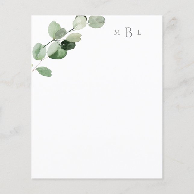 Foliage Grey Monogram Modern Stationery Paper (Front)