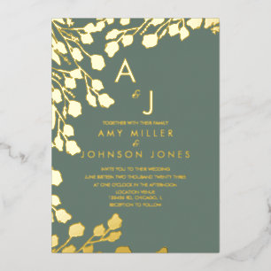 Foliage Hand Drawn Border Wedding Pressed Sage Foil Invitation