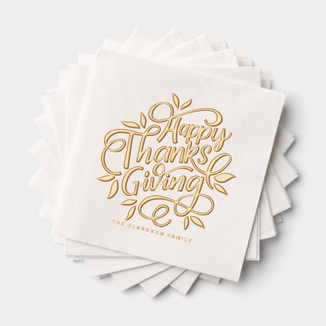 Foliage Hand Lettering Happy Thanksgiving Foil Napkins (Insitu (Stacked))