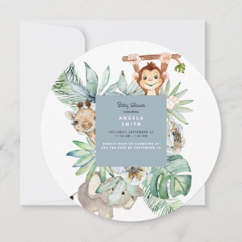 Foliage Jungle Animals Dusty Blue Baby Round Invitation