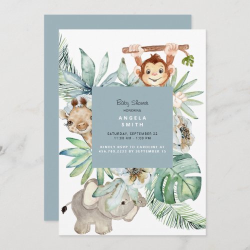 Foliage Jungle Animals Dusty Blue Baby Shower  Invitation