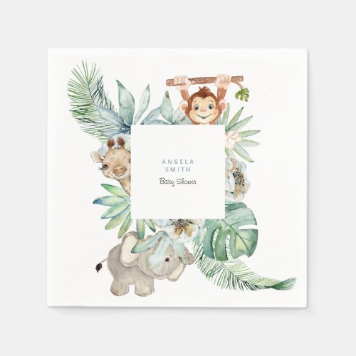 Foliage Jungle Animals Dusty Blue Baby Shower Napkins