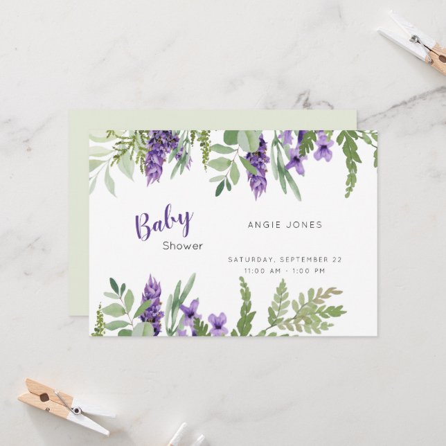Foliage Lavender and Mint baby Shower Invitation (Front/Back In Situ)