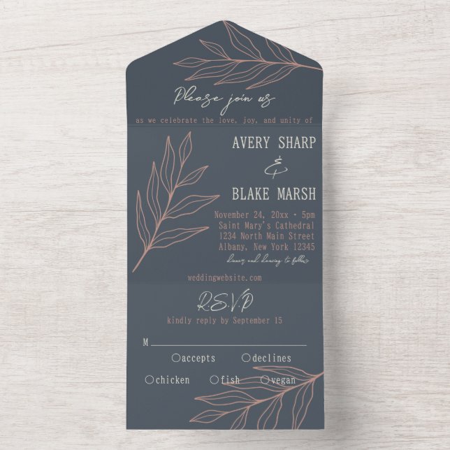 Foliage Leaf Line Art Charcoal, Cream, & Pink Boho All In One Invitation (Inside)