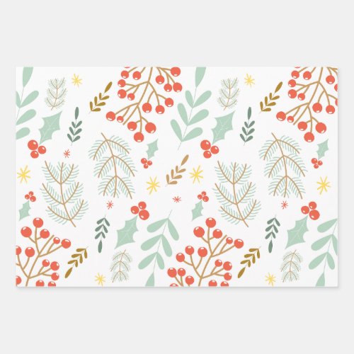 Foliage Leaves Berries Stars Pattern  Wrapping Paper Sheets