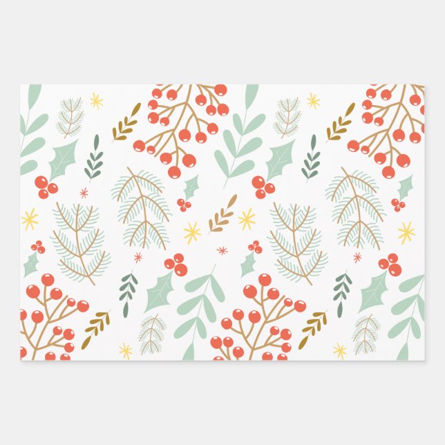 Foliage Leaves Berries Stars Pattern  Wrapping Paper Sheets (Front)