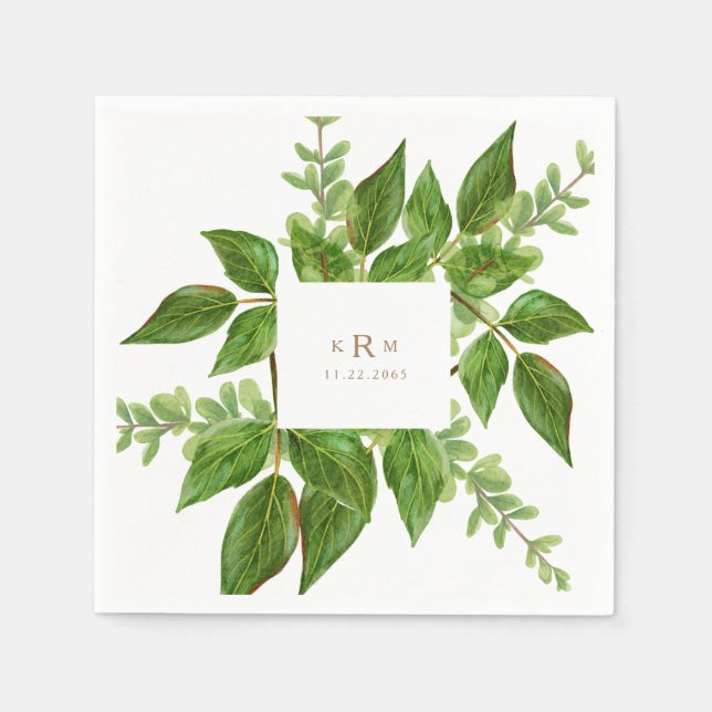 Foliage Leaves Gold Monogram Wedding Cocktail Napkins (Front)
