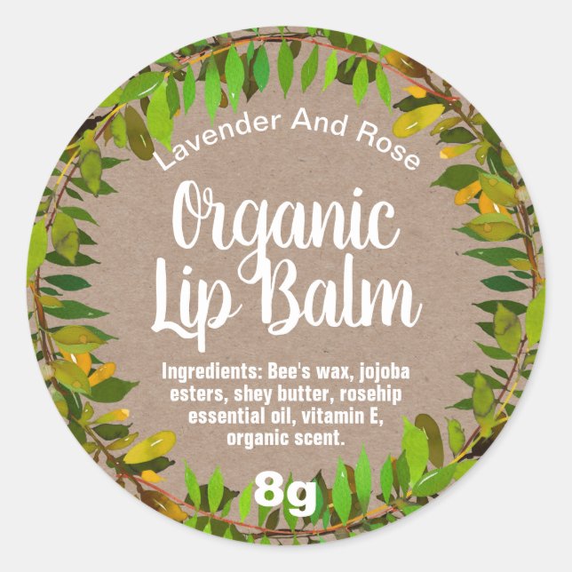 Foliage Leaves Kraft Organic Lip Balm Pot Labels (Front)