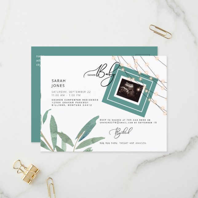 Foliage & Lights Ultrasound Teal Baby Shower  Invitation Postcard (Front/Back In Situ)