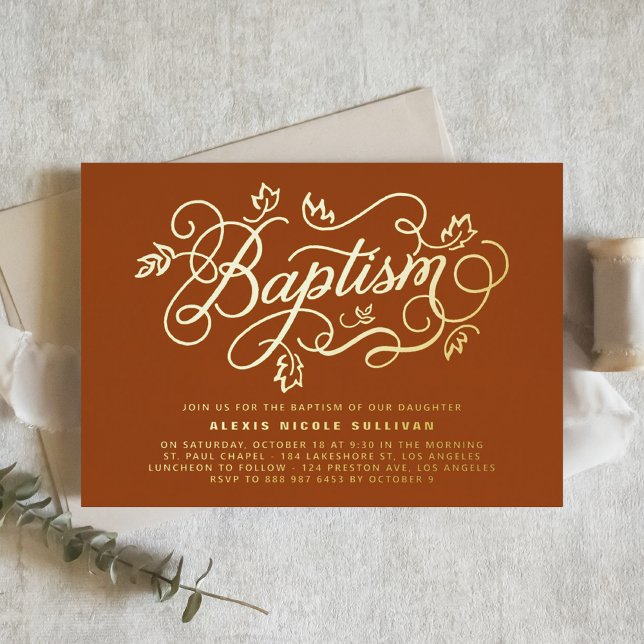 Foliage Modern Calligraphy Orange Baptism Foil Invitation (Creator Uploaded)
