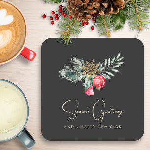 Foliage Modern Elegant Gold Red Christmas Party Square Paper Coaster