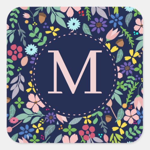 Foliage Modern Floral Monogram Square Sticker