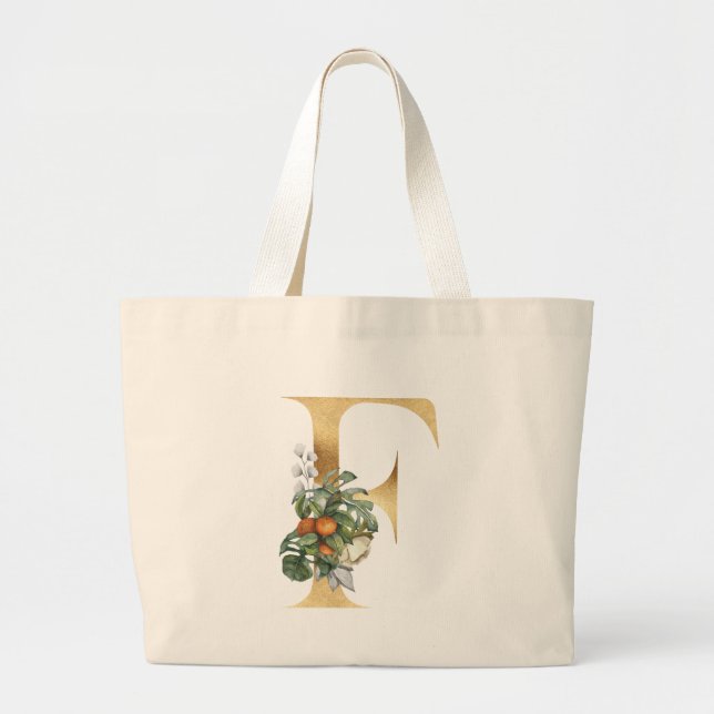 Foliage Monogram F in Gold & Green Large Tote Bag (Front)