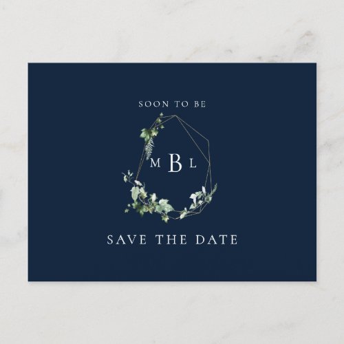 Foliage Monogram Wedding Save the Date Navy Announcement Postcard