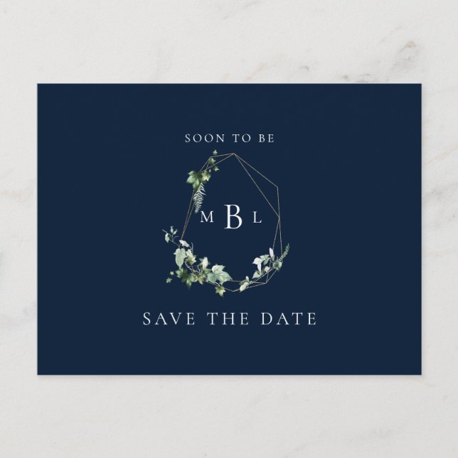 Foliage Monogram Wedding Save the Date Navy Announcement Postcard (Front)