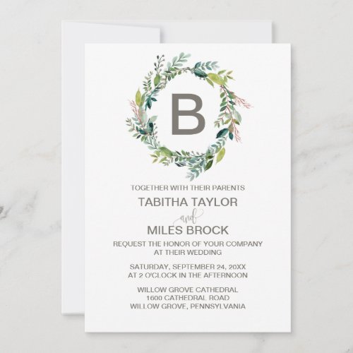 Foliage Monogram Wreath Wedding Invitation