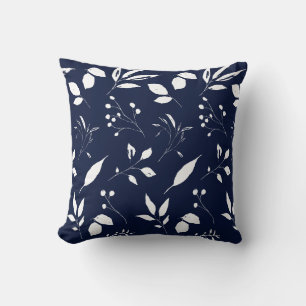 Foliage Navy Blue and White Throw Pillow