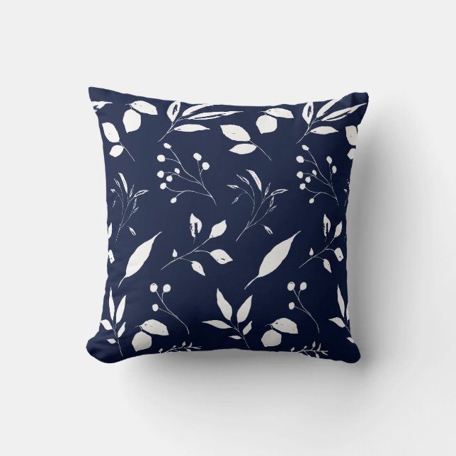 Foliage Navy Blue and White Throw Pillow (Front)