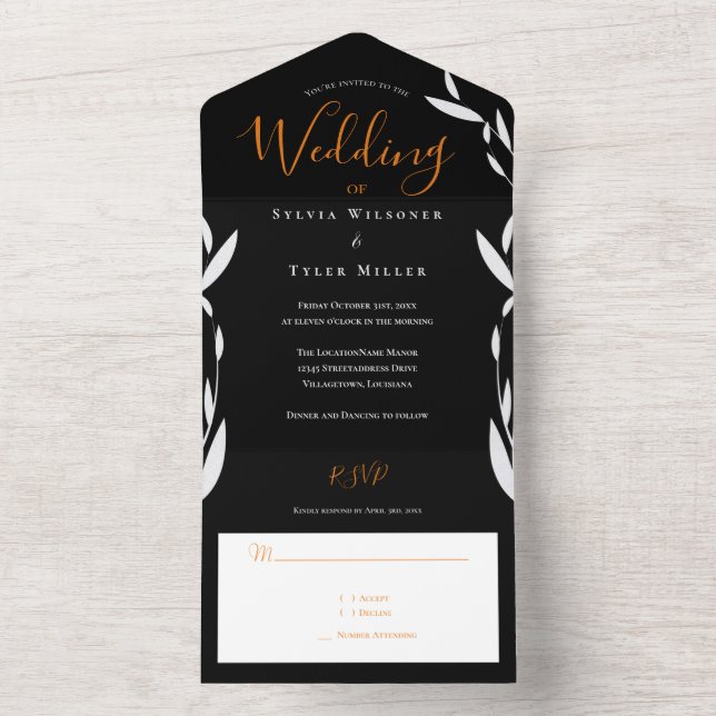 Foliage Orange Black Wedding All In One Invitation (Inside)