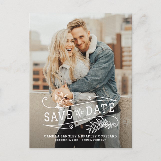 Foliage Overlay Vertical Photo Save the Date Announcement Postcard (Front)