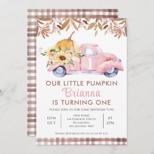 Foliage Pink Truck Little Pumpkin 1st Birthday Invitation