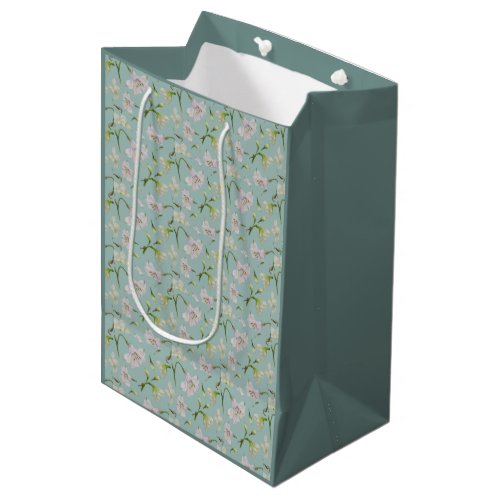 Foliage Pink White Orchid on Teal Background   Medium Gift Bag