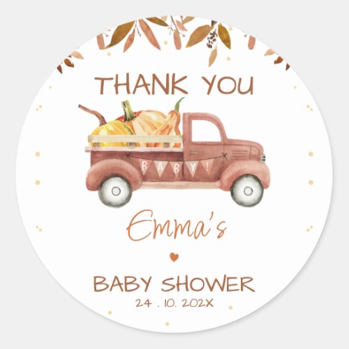 Foliage Pumpkin Truck Baby Shower Favor  Classic Round Sticker