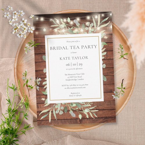 Foliage Rustic Wood String Lights Bridal Tea Party Invitation