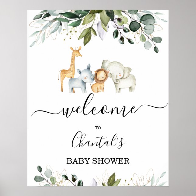 Foliage Safari Animals Baby Shower Welcome Sign (Front)