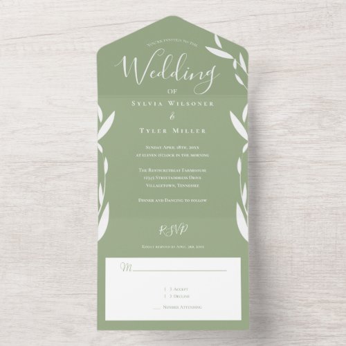 Foliage Sage Green White Wedding All In One Invitation