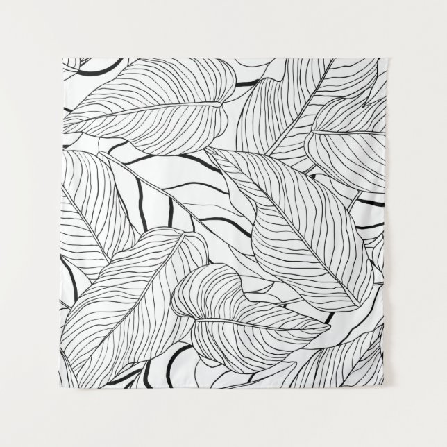 Foliage seamless pattern, long leaves line art ink tapestry (Front)