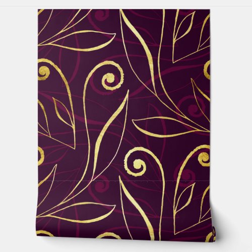   Foliage  Swirls Modern Damask Purple and Gold Wallpaper