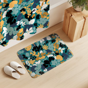Foliage Teal Aqua Blue Mustard Black White Bath Mat