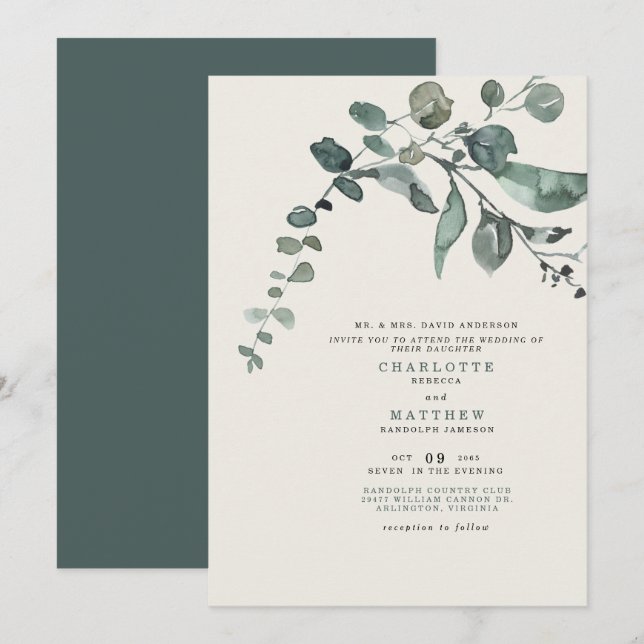 Foliage Teal & Cream Wedding Bride Parents Invitation (Front/Back)