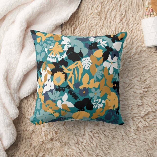 Foliage Throw Pillow Mustard Teal Aqua Blue  (Blanket)