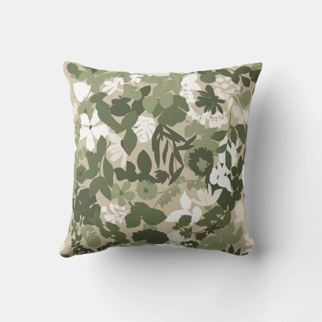Foliage Throw Pillow Sage Olive Beige White (Back)