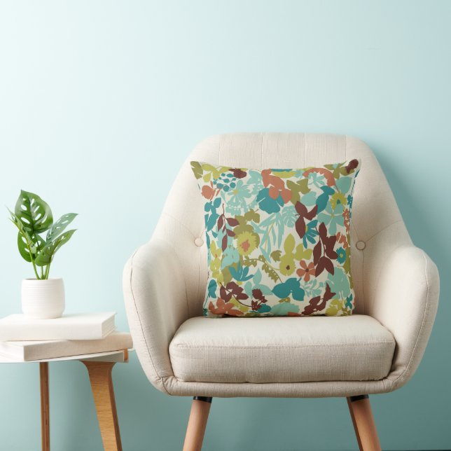 Foliage Throw Pillow Teal Aqua Green Brown (Chair)