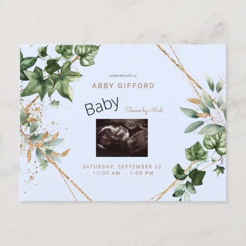 Foliage Ultrasound Gold  Blue Baby Shower by Mail Invitation Postcard