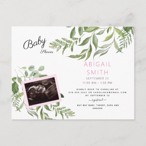 Foliage Ultrasound Photo Pink Baby Shower   Invita Invitation Postcard