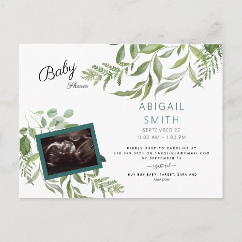 Foliage Ultrasound Photo Teal Baby Shower   Invitation Postcard