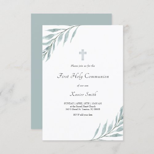 foliage watercolor design First Holy Communion Invitation