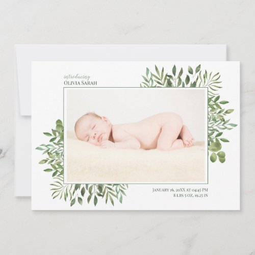 Foliage Watercolor Photo Collage Newborn Birth Announcement