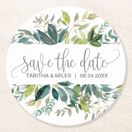 Foliage Wedding Save the Date Announcement Round Paper Coaster